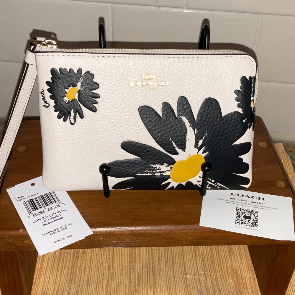 Coach White and Black Floral Wristlet